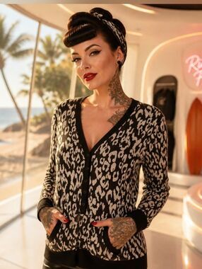 OP Leopard Print V-Neck Button Cardigan - Black & Gray Hoodie